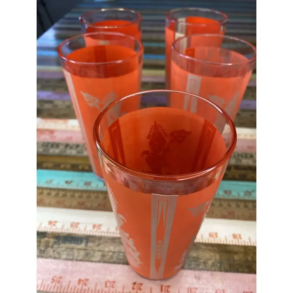 Thai Goddess High Ball Glass Mid Century Modern Retro Bar Set of 5 Asian MCM Red